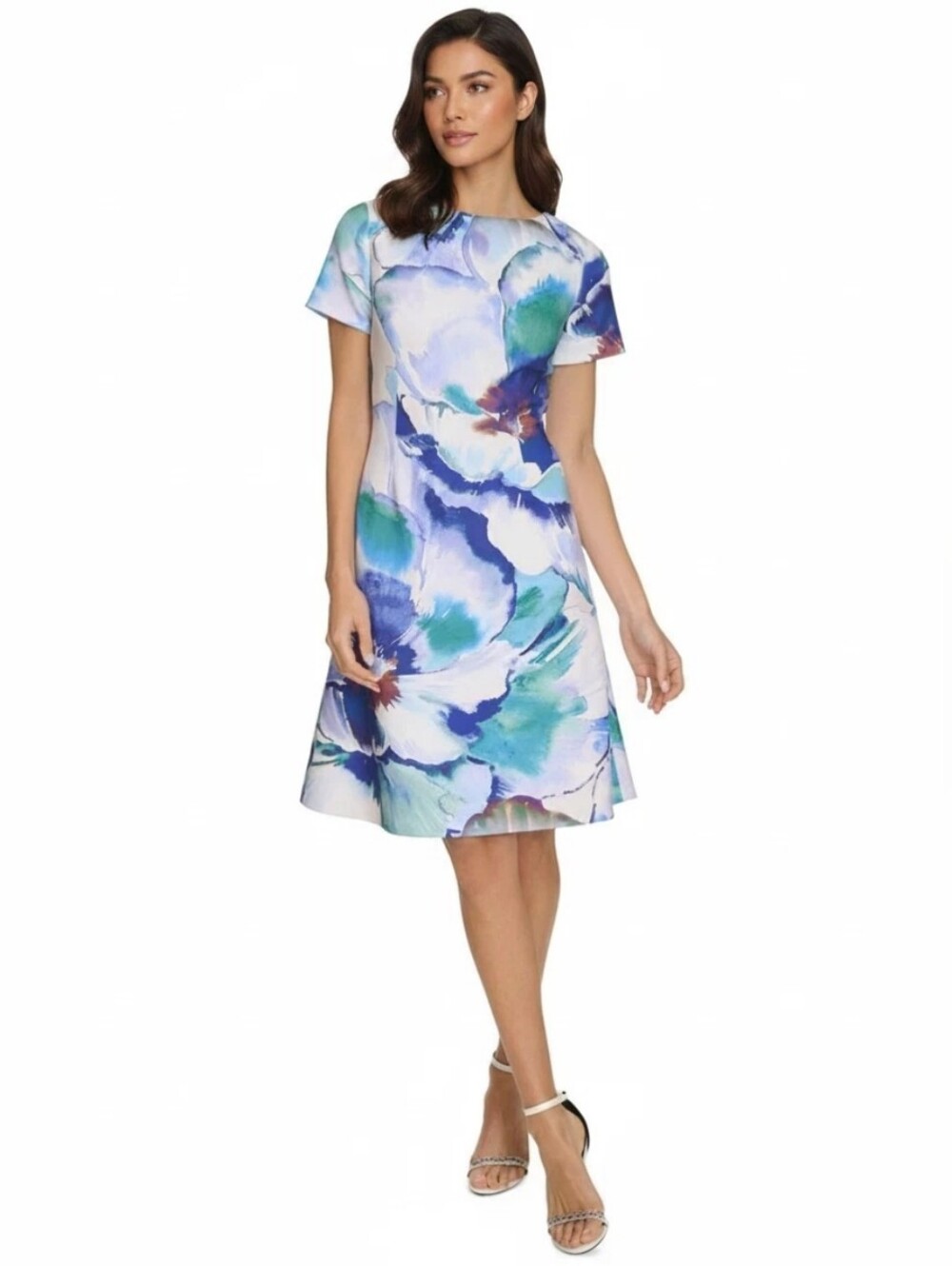 Calvin Klein Watercolor Floral A-Line Dress in Blue and Teal